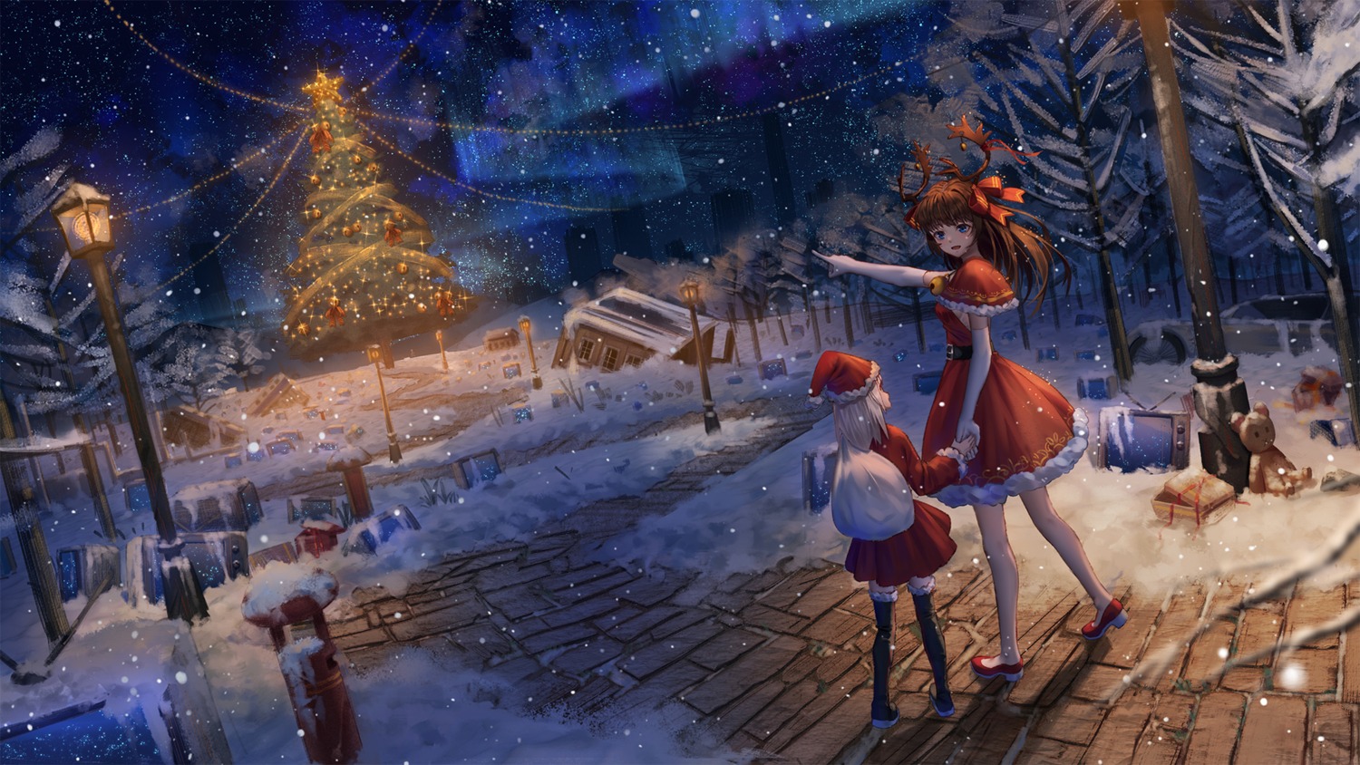 christmas dress heels horns ji_dao_ji landscape thighhighs wallpaper