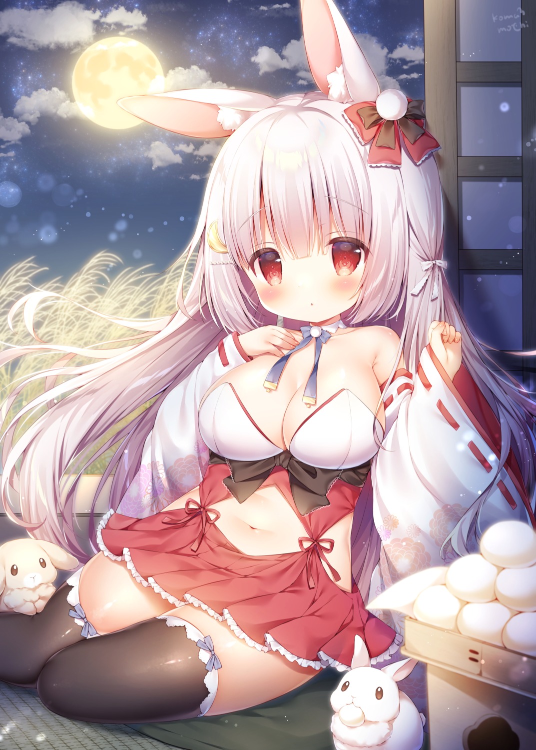 animal_ears bunny_ears cleavage miko momozu_komamochi no_bra thighhighs