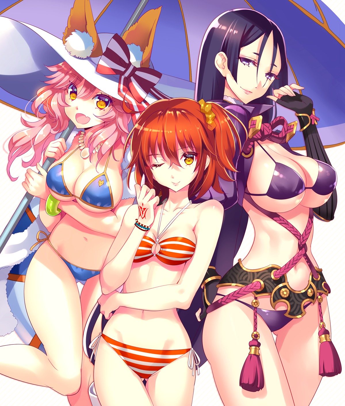 animal_ears bikini breast_hold erimu fate/grand_order fujimaru_ritsuka_(female) minamoto_no_raikou_(fate/grand_order) swimsuits tail tamamo_no_mae tattoo