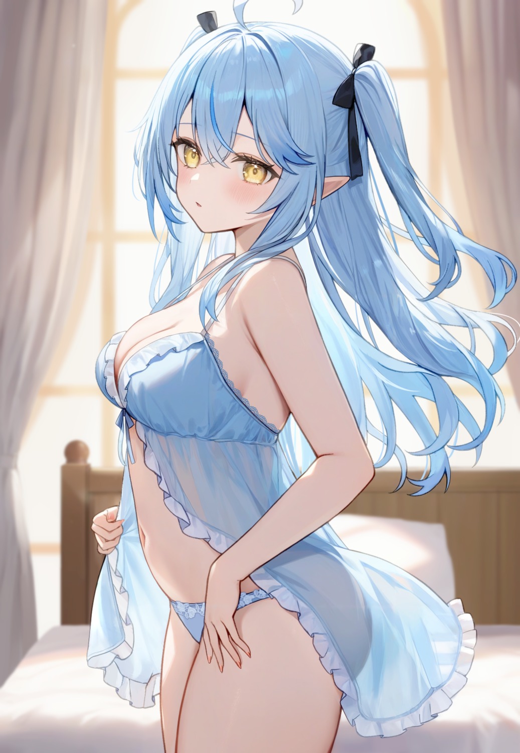 aria_(ariacue) elf hololive lingerie pantsu pointy_ears see_through yukihana_lamy