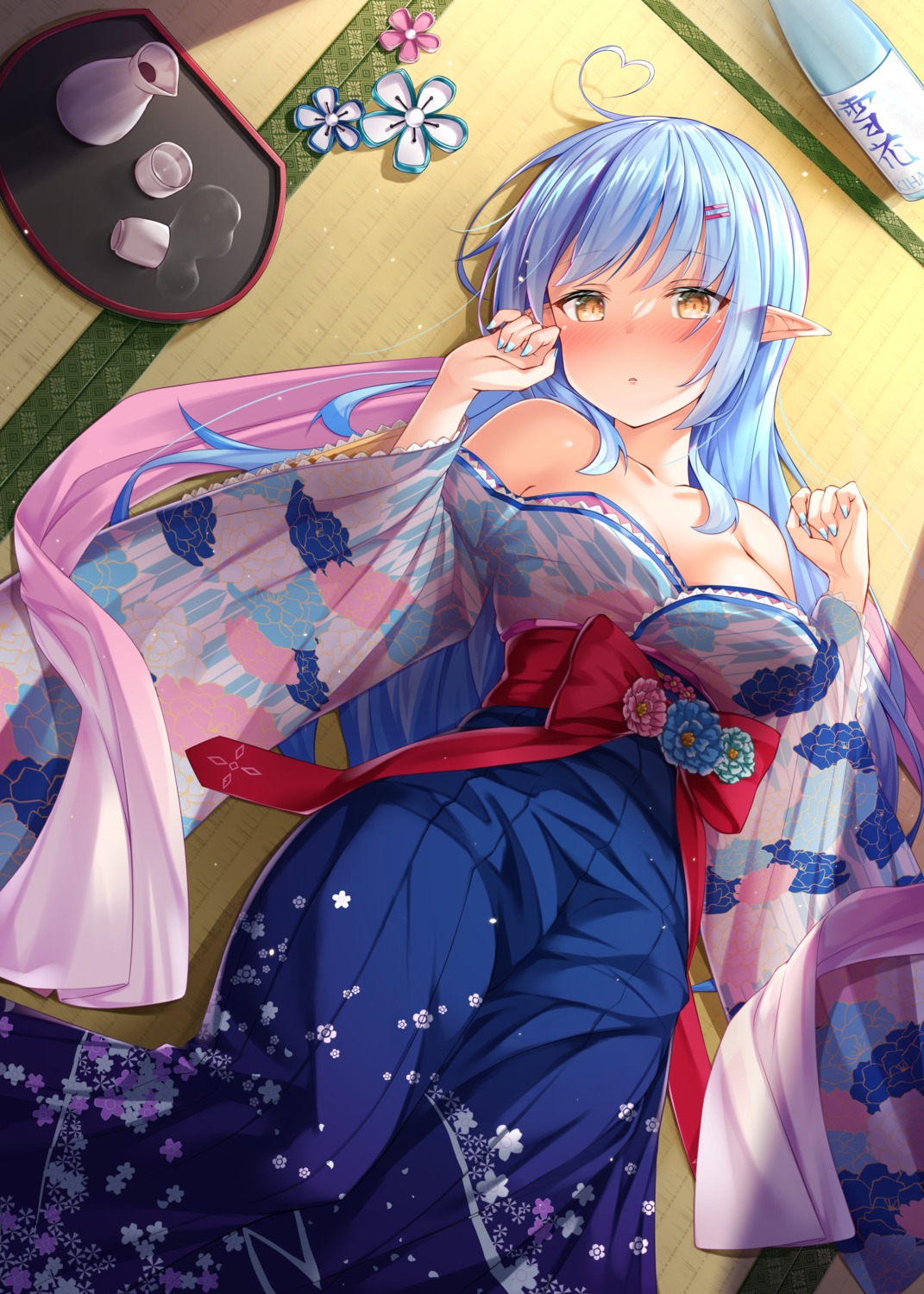 hololive japanese_clothes no_bra open_shirt pointy_ears shimo_(shimo332215) yukihana_lamy