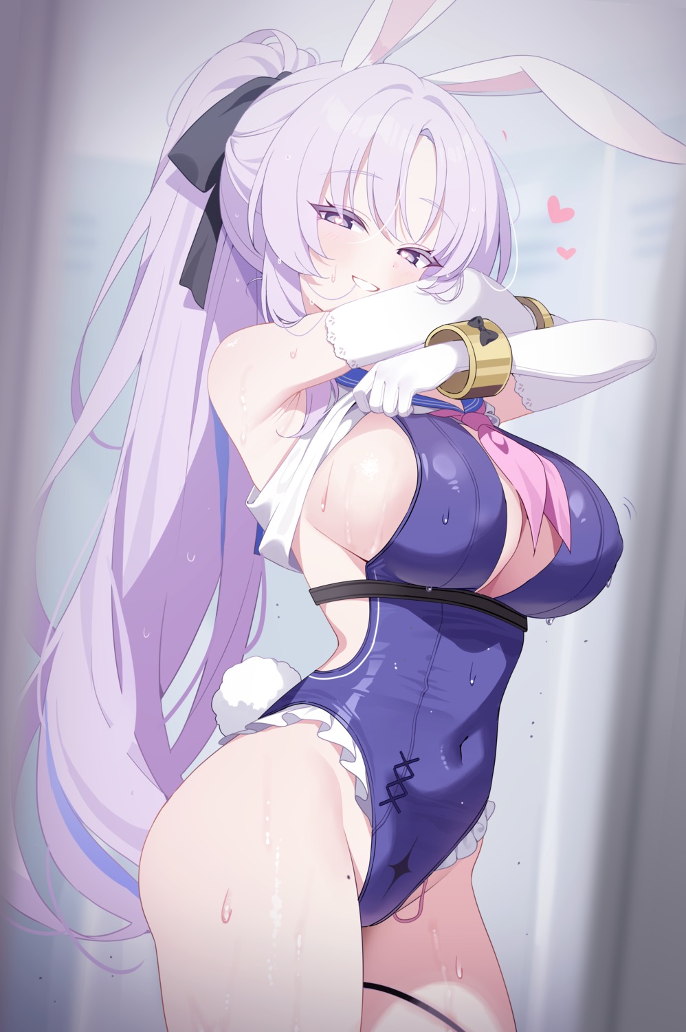 animal_ears bunny_ears deyui erect_nipples seifuku shia_(stella_sora) stella_sora swimsuits tail undressing vibrator wet