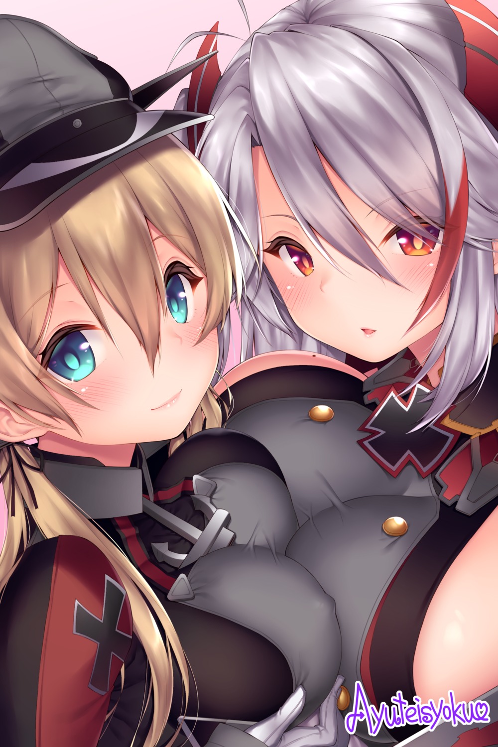 ayuteishoku azur_lane breast_grab crossover erect_nipples kantai_collection no_bra prinz_eugen_(azur_lane) prinz_eugen_(kancolle) symmetrical_docking uniform