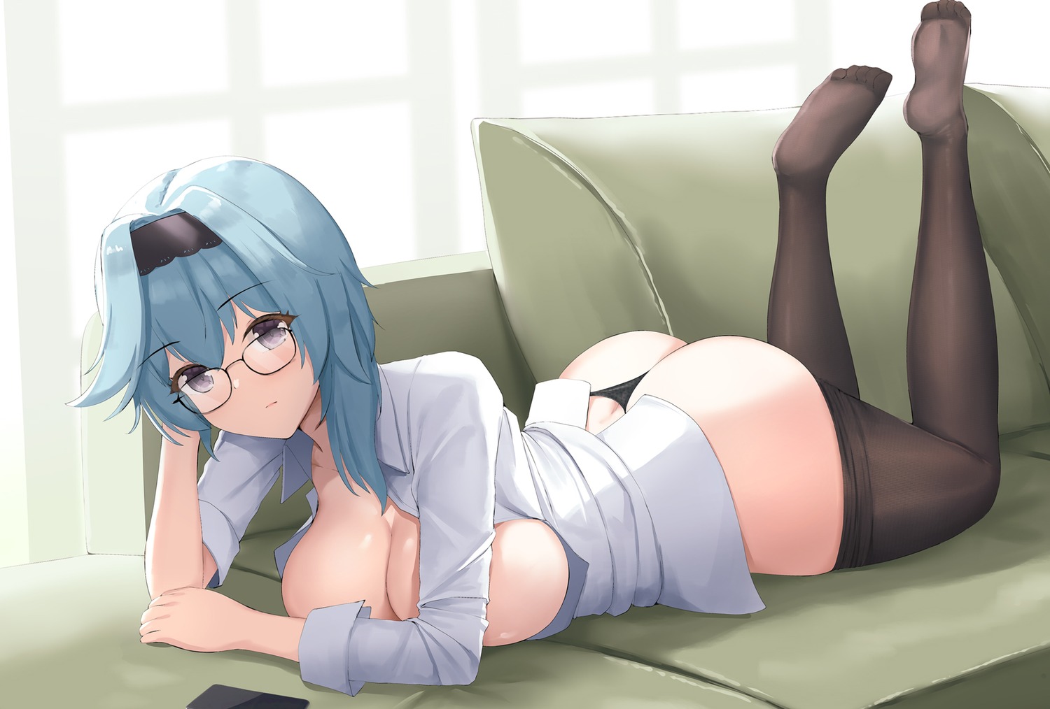 breasts dress_shirt eula genshin_impact joko_jmc megane no_bra open_shirt pantsu pantyhose thong