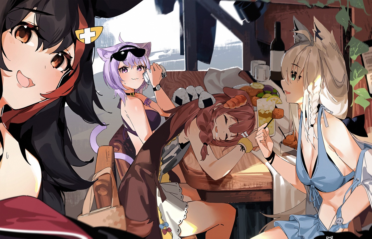 animal_ears bikini cleavage dress hololive hololive_gamers inugami_korone inumimi kitsune mania_(fd6060_60) megane nekomata_okayu nekomimi ookami_mio shirakami_fubuki swimsuits tail