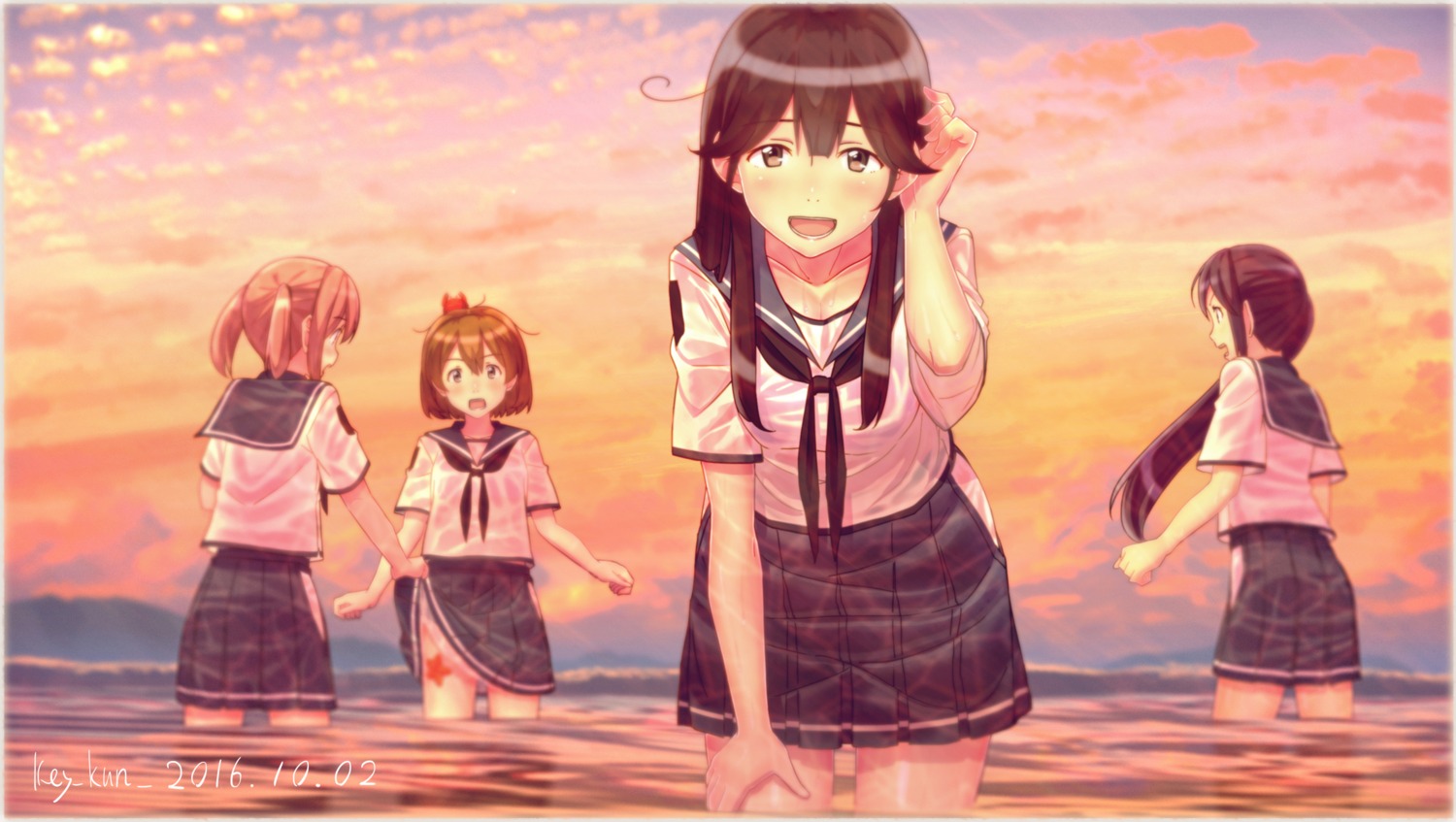 akebono_(kancolle) kantai_collection key_kun oboro_(kancolle) sazanami_(kancolle) seifuku skirt_lift ushio_(kancolle) wet wet_clothes