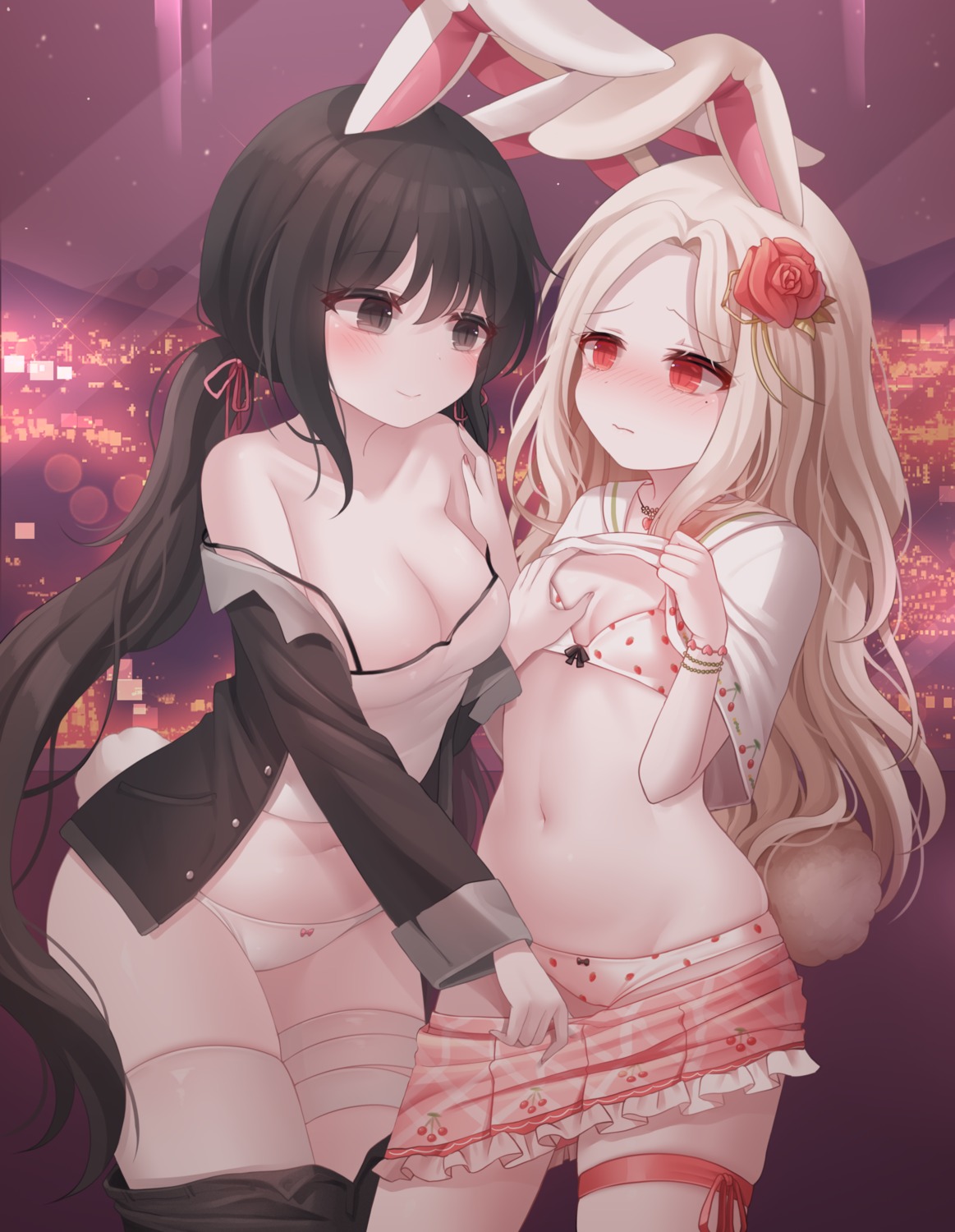 animal_ears bandages bra breast_grab bunny_ears cleavage honyang lingerie loli pantsu seifuku shirt_lift tail thighhighs undressing yuri