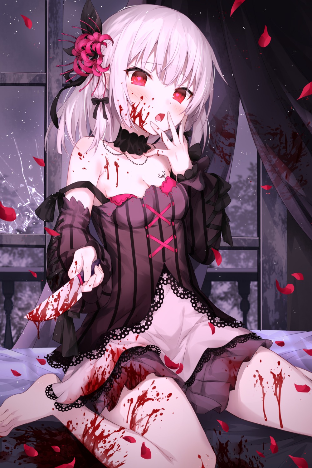 blood devil_heavens feet no_bra skirt_lift weapon yandere