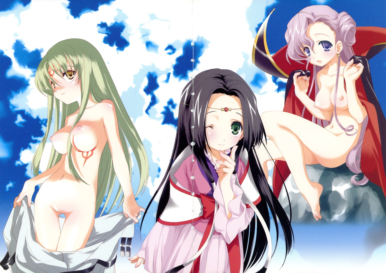 c.c. code_geass euphemia_li_britannia kyougetsutei miyashita_miki naked nipples paper_texture pussy sumeragi_kaguya