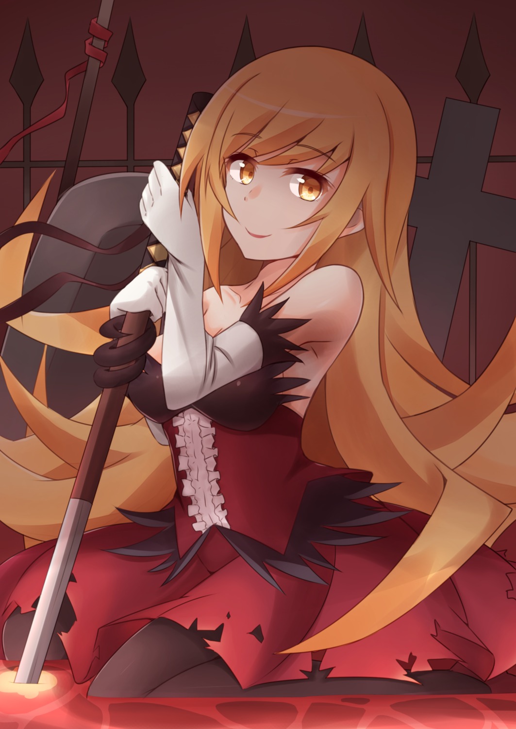 cleavage kapatarou kissshot_acerolaorion_heartunderblade kizumonogatari monogatari_(series) pantyhose sword torn_clothes