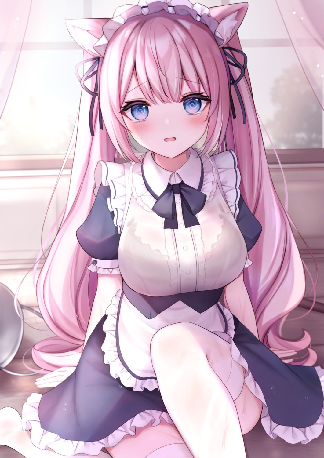 animal_ears bra komari_mhy maid nekomimi see_through thighhighs wet wet_clothes