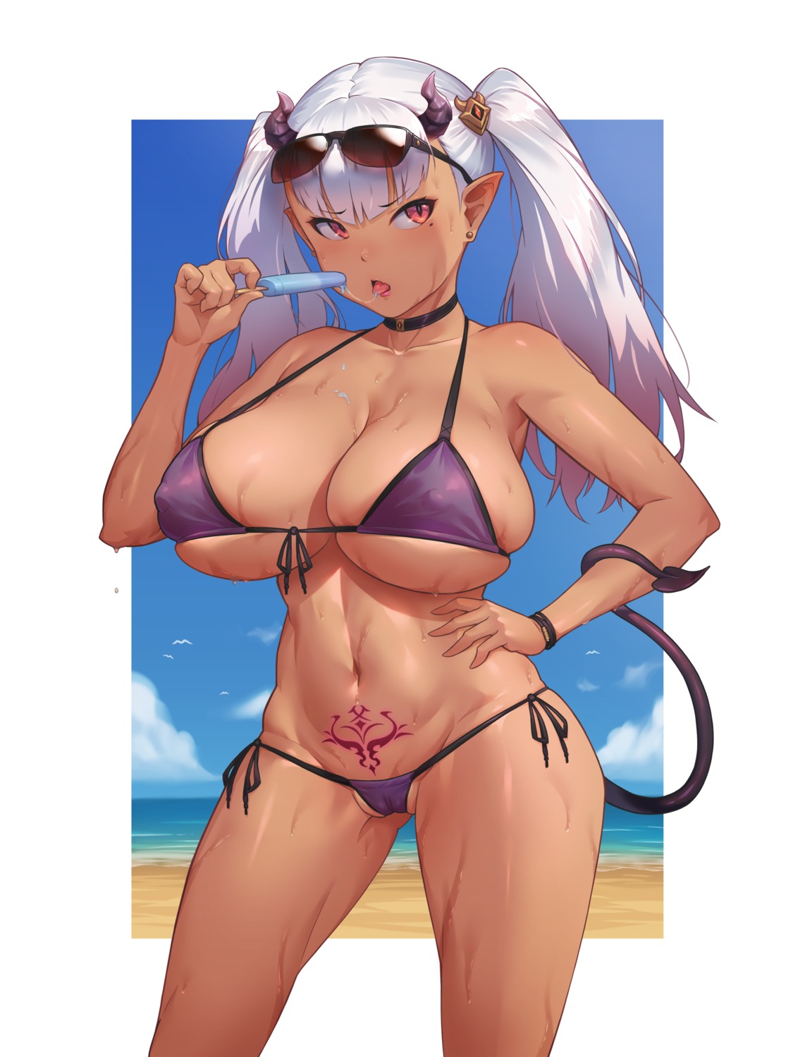 bikini cameltoe erect_nipples horns megane pointy_ears radjeong swimsuits tail tattoo wet