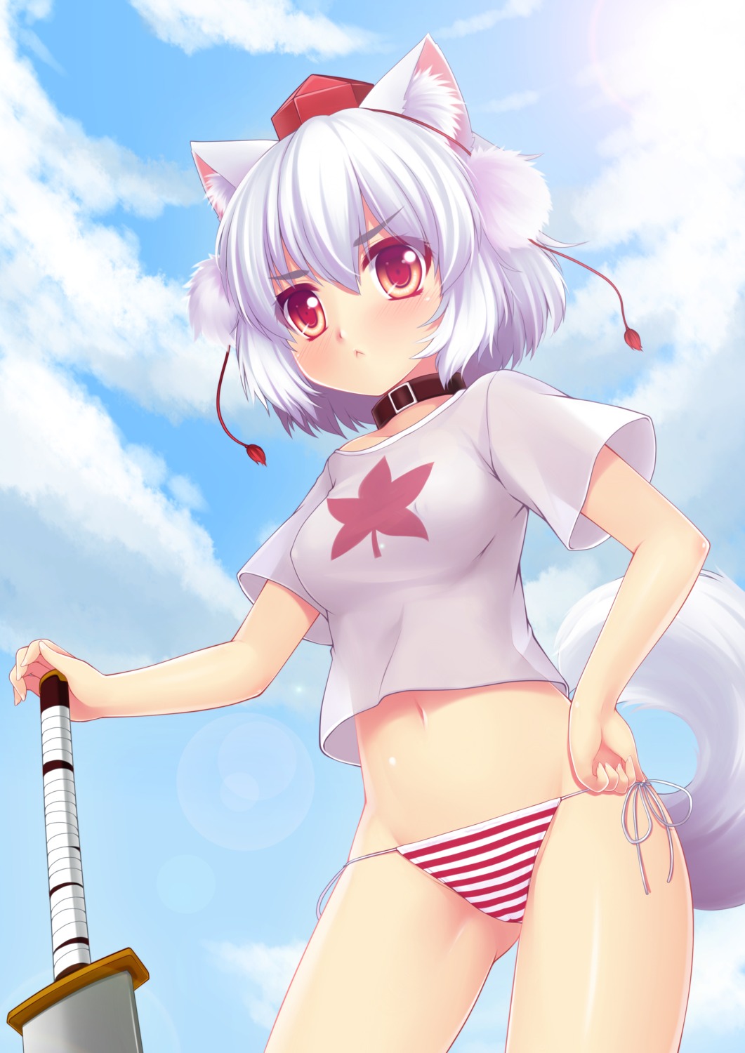 animal_ears inubashiri_momiji ookami_ryuu pantsu shimapan string_panties sword tail touhou