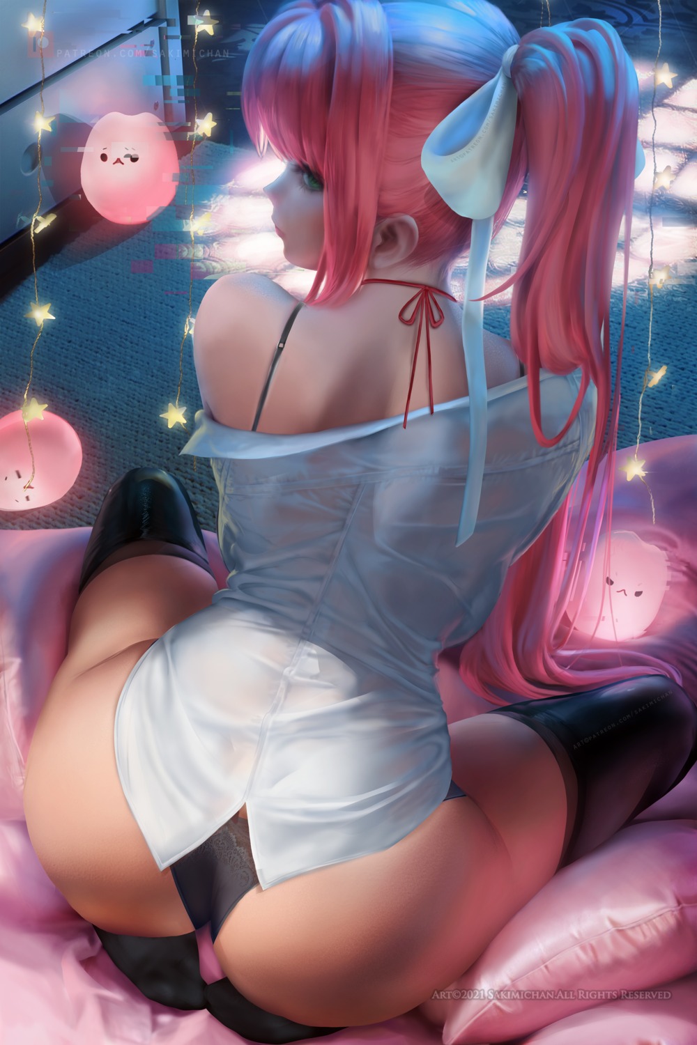 ass bra doki_doki_literature_club! dress_shirt monika_(doki_doki_literature_club!) pantsu sakimichan see_through thighhighs