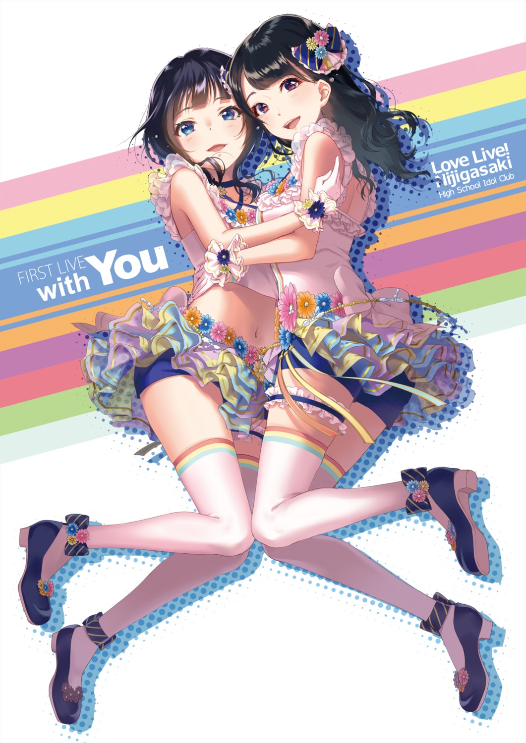 asaka_karin crossover garter heels i☆ris kubota_miyu love_live!_nijigasaki_high_school_idol_club skirt_lift symmetrical_docking thighhighs tomiwo yuri