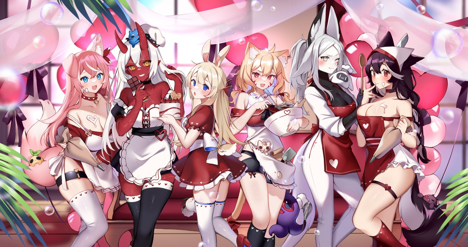 akumi_(yoclesh) alheitrakzoth animal_ears bunny_ears cleavage cream devil dyarikku_(vtuber) garter horns indie_virtual_youtuber inumimi momote neko nekomimi no_bra shyrei_faolan tagme tail thighhighs valentine vyugen yenko_(vtuber) yuniiho_(vtuber)