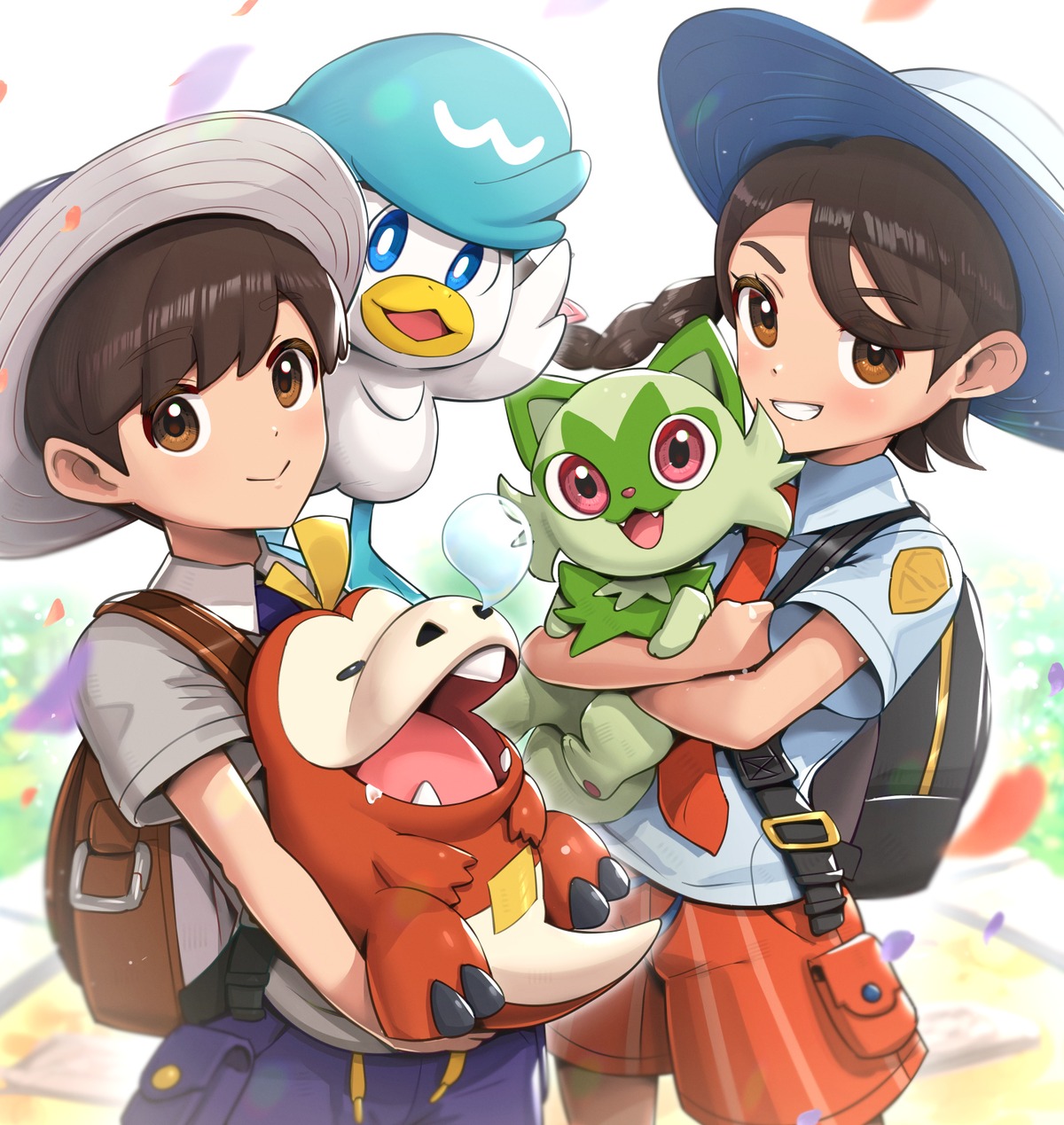 aoi_(pokemon) fuecoco gonzarez haruto_(pokemon) pokemon pokemon_sv quaxly sprigatito uniform