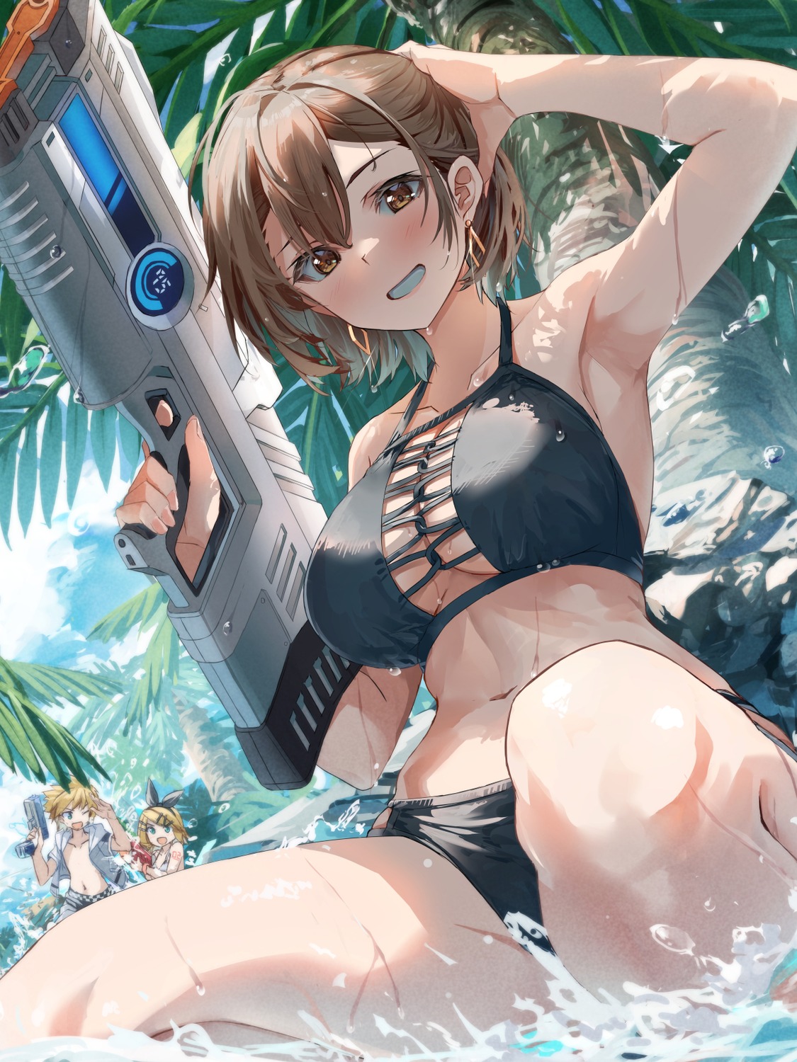 bikini cleavage daidou_(demitasse) gun kagamine_len kagamine_rin meiko open_shirt swimsuits vocaloid wet