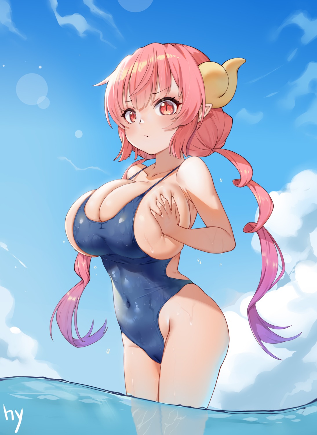 breast_grab cameltoe heiyu horns ilulu kobayashi-san_chi_no_maid_dragon pointy_ears school_swimsuit swimsuits wet wet_clothes