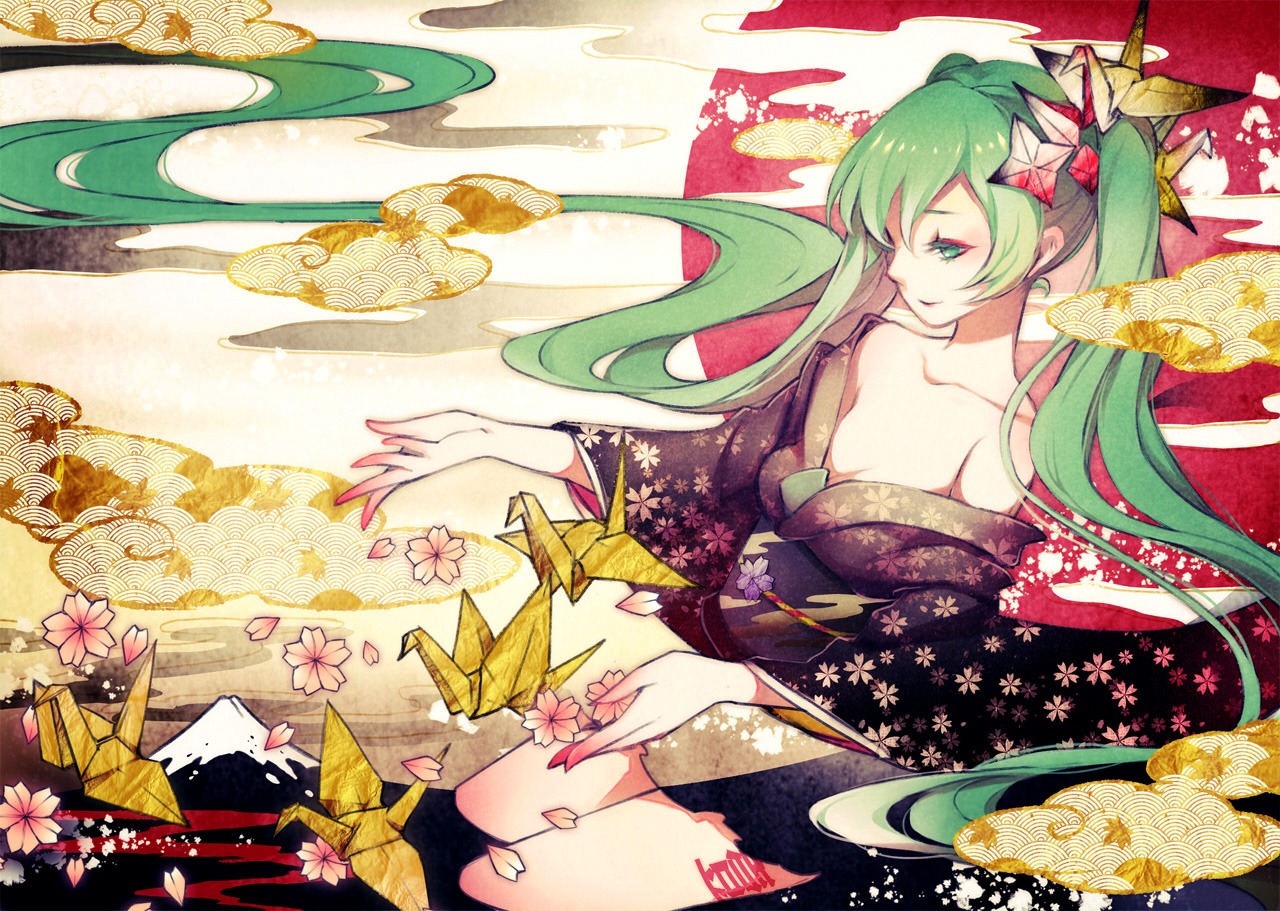 cleavage hatsune_miku kimono open_shirt reika_(clovia_studio) vocaloid