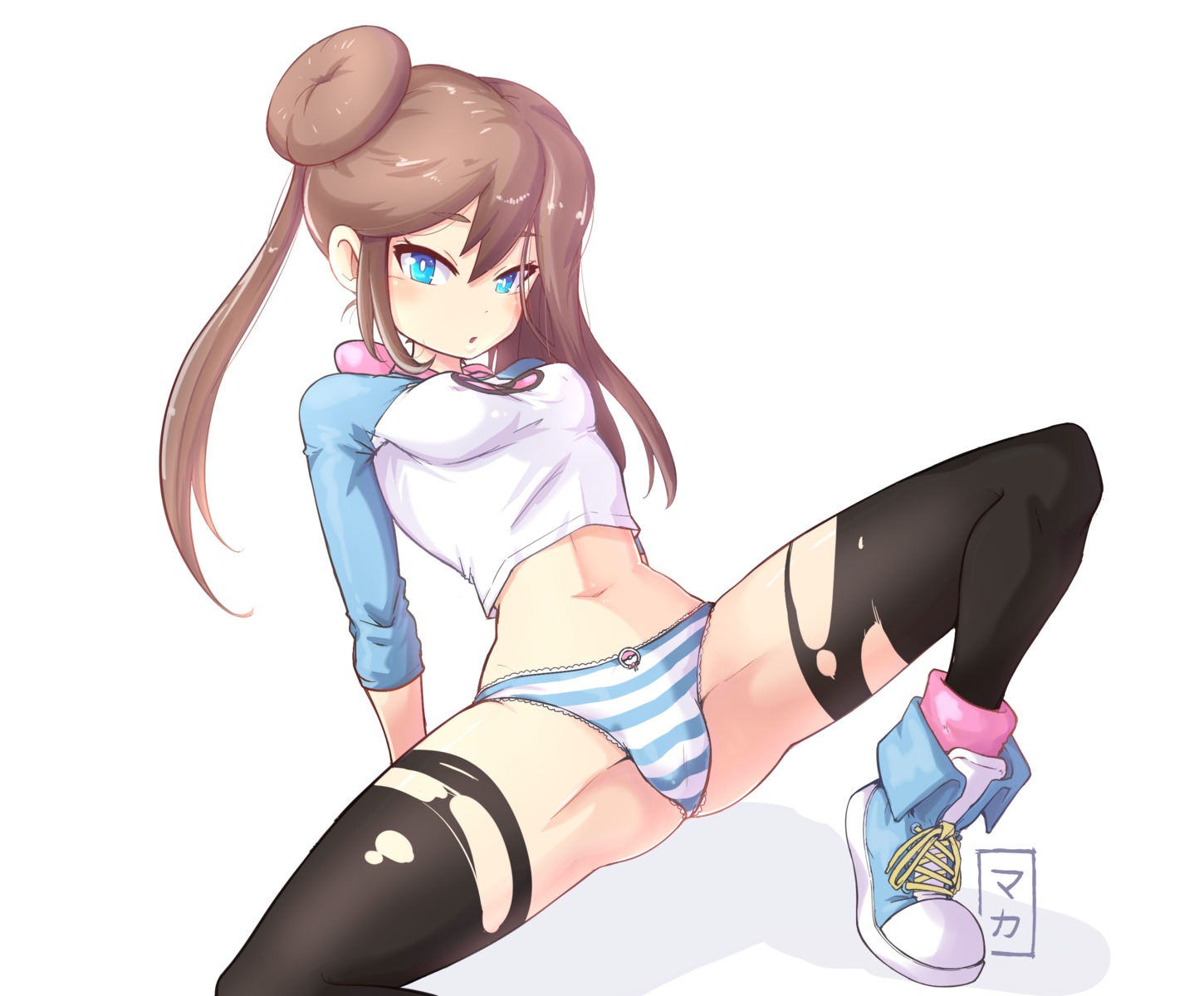 cameltoe maka_(artist) mei_(pokemon) pantsu pokemon pokemon_b2w2 shimapan thighhighs torn_clothes