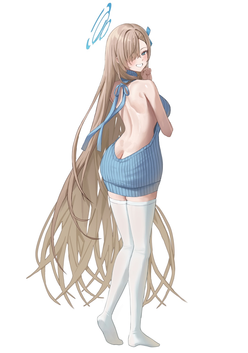 ass blue_archive halo ichinose_asuna m0_0m_c no_bra sweater thighhighs