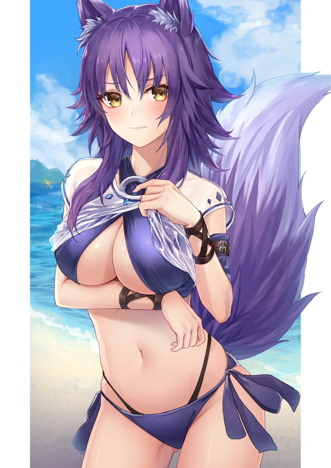 aki_makoto animal_ears bikini breast_hold cleavage ironatsuki princess_connect! princess_connect!_re:dive see_through shirt_lift swimsuits tail undressing