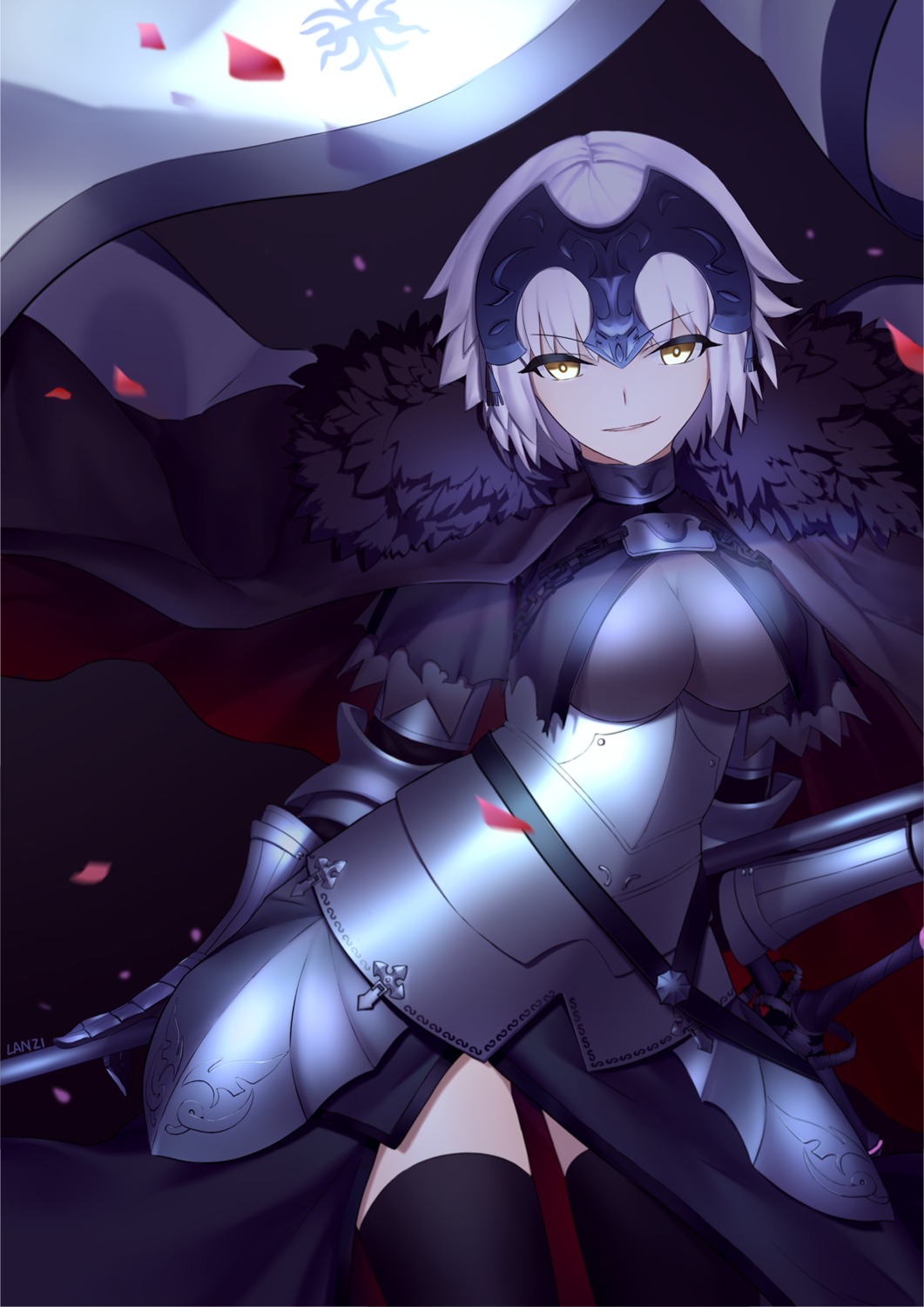 armor fate/grand_order jeanne_d'arc jeanne_d'arc_(alter)_(fate) lanzi_(415460661) thighhighs torn_clothes weapon