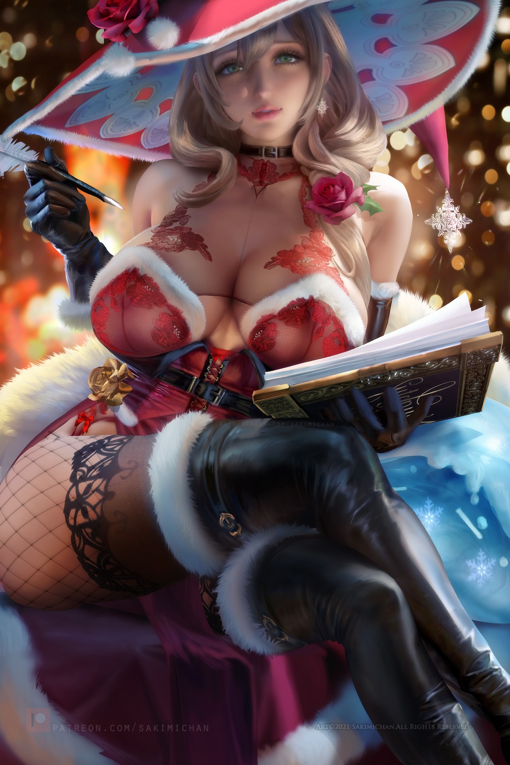 christmas dress fishnets garter genshin_impact lisa_(genshin_impact) nipples no_bra pantyhose sakimichan see_through thighhighs