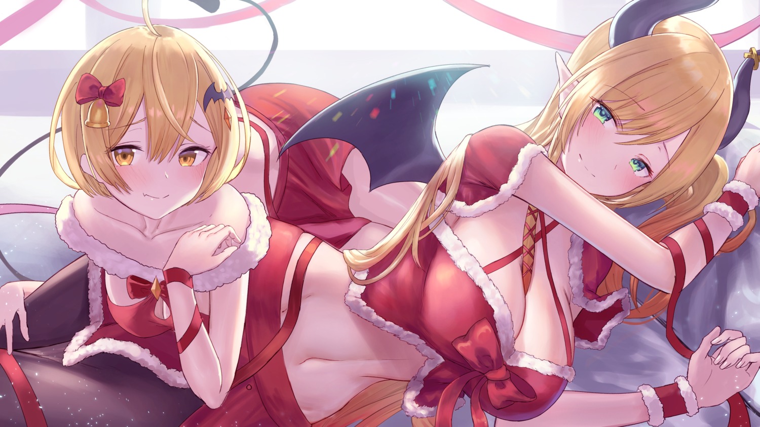 christmas cleavage gore_(white_gore) hololive horns pantyhose pointy_ears tail wings yozora_mel yuzuki_choco