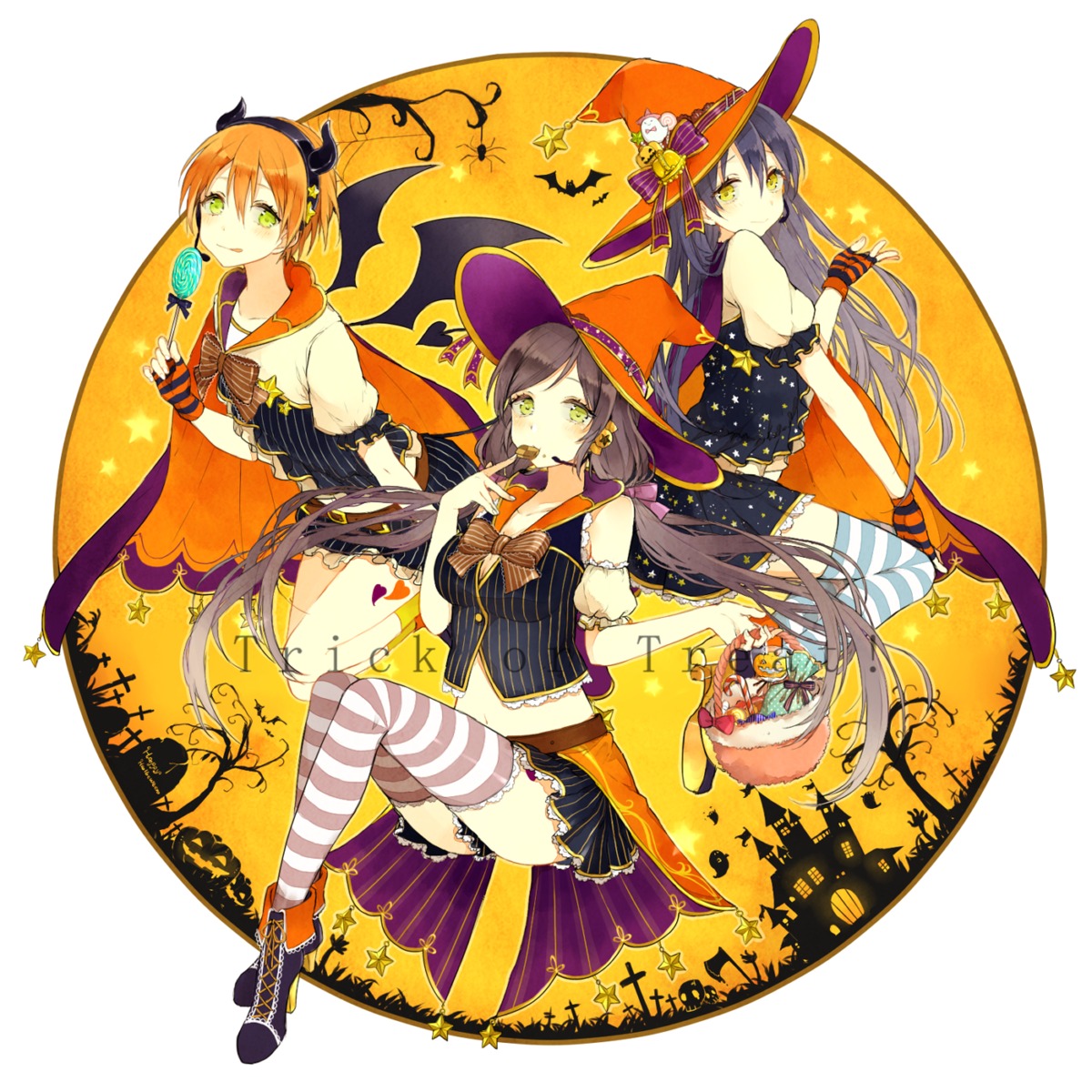 akakura halloween heels horns hoshizora_rin love_live! love_live!_(series) sonoda_umi tail thighhighs toujou_nozomi wings witch