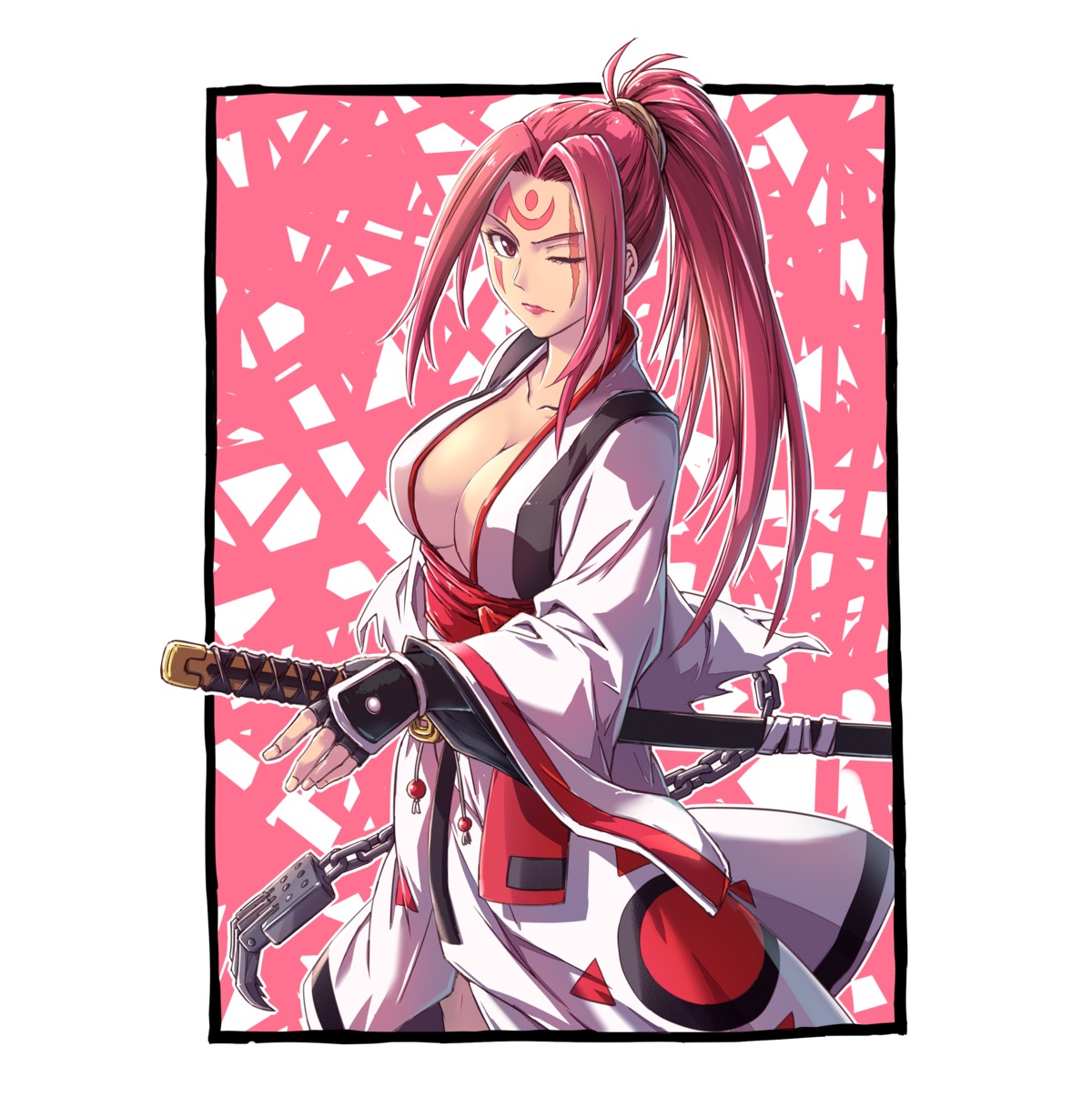 baiken cleavage fish.boy guilty_gear japanese_clothes no_bra open_shirt sword tattoo