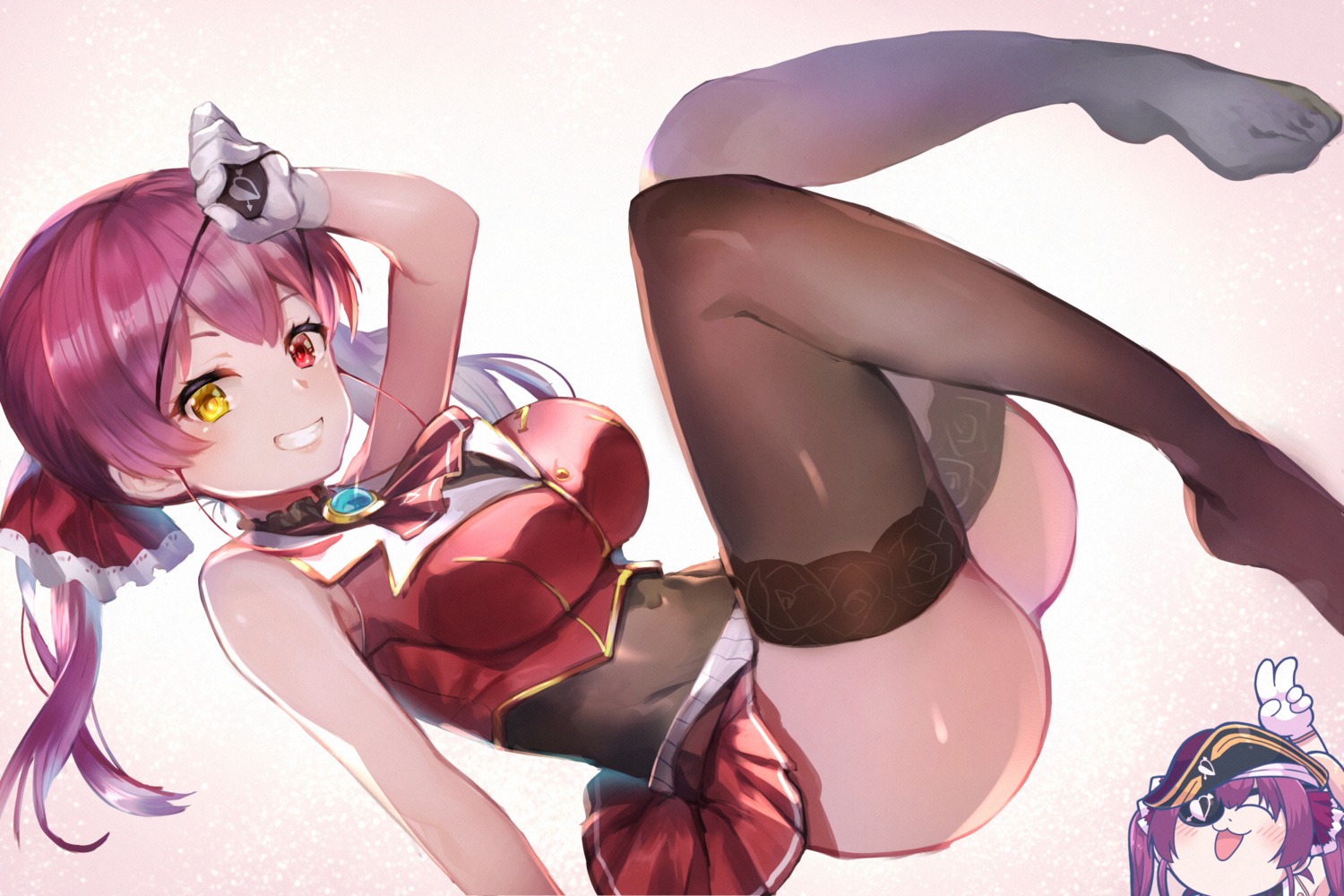 chibi eyepatch heterochromia hololive houshou_marine skirt_lift thighhighs tomoyohi