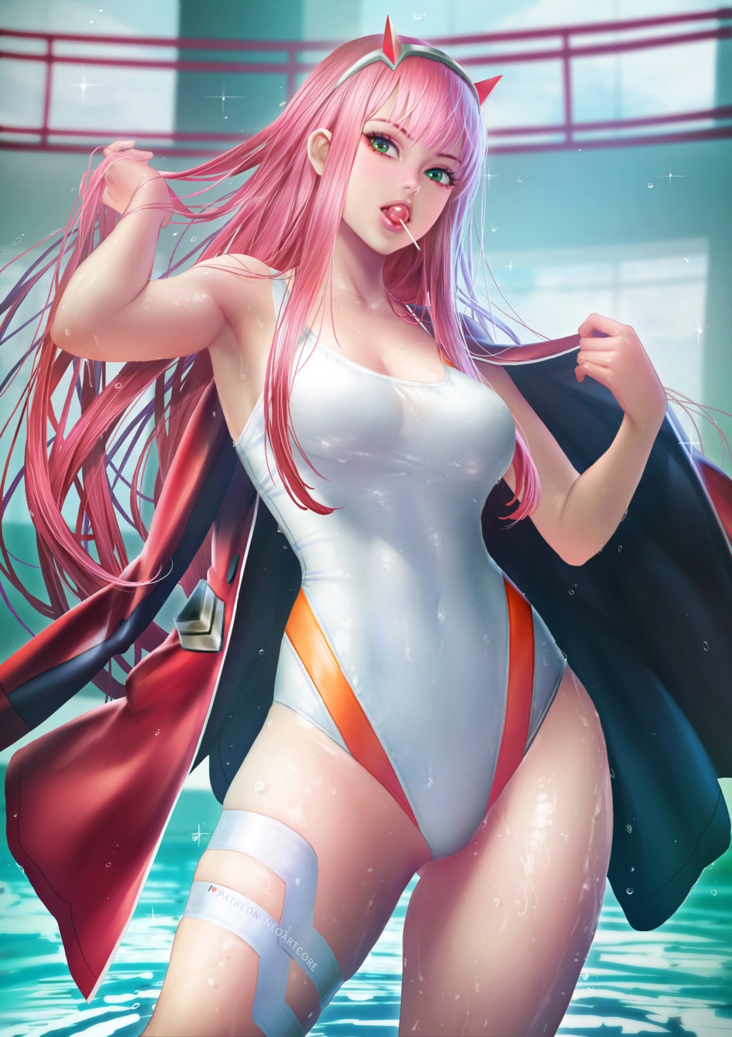 darling_in_the_franxx garter horns nudtawut_thongmai swimsuits wet zero_two_(darling_in_the_franxx)