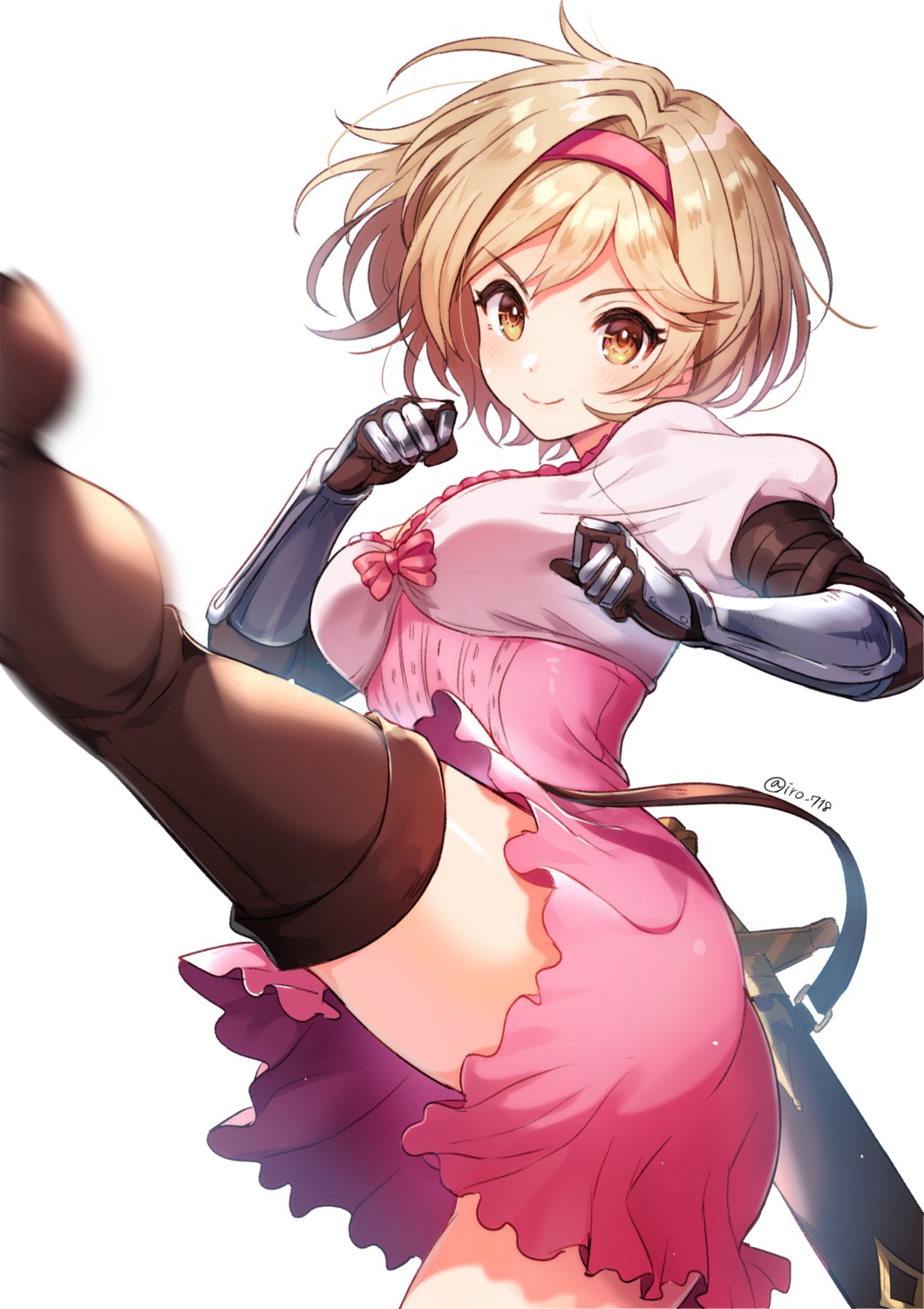 armor ass djeeta_(granblue_fantasy) dress granblue_fantasy skirt_lift sword thighhighs tyyni