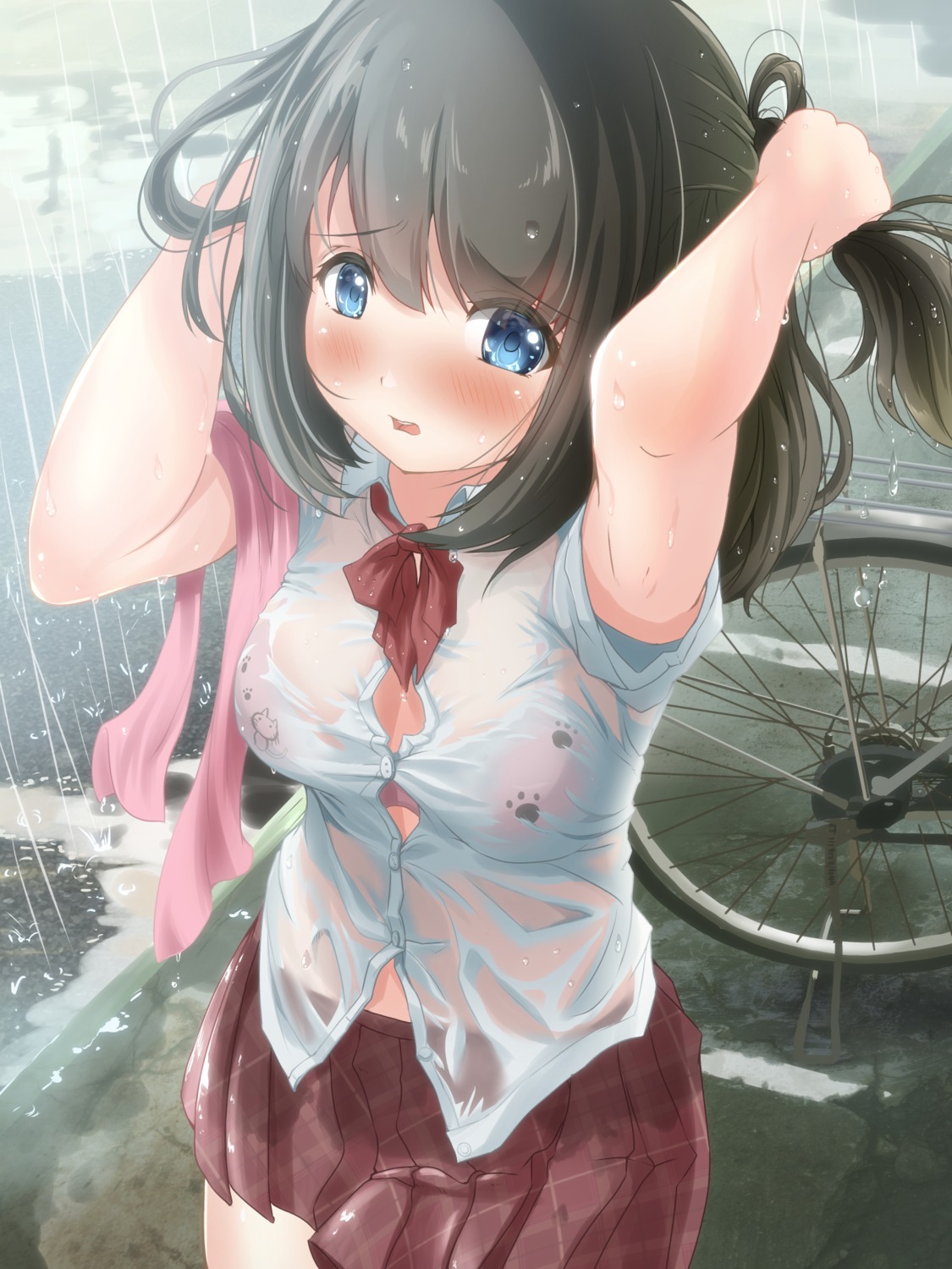 bra cleavage open_shirt see_through seifuku tachiinu wet wet_clothes