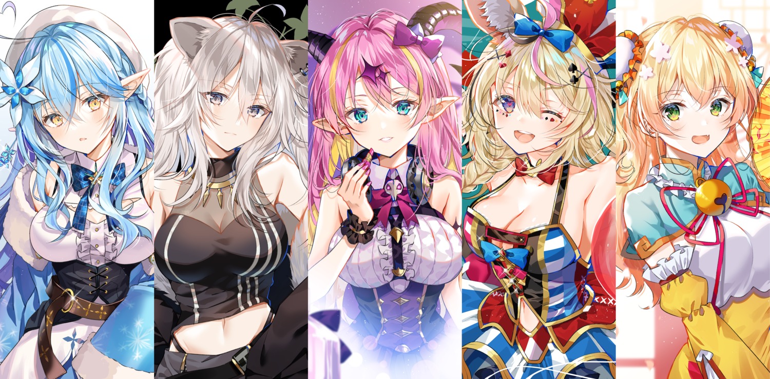 animal_ears asian_clothes elf headphones hololive horns mano_aloe momosuzu_nene myusha no_bra omaru_polka pantsu pointy_ears see_through shishiro_botan tattoo yukihana_lamy