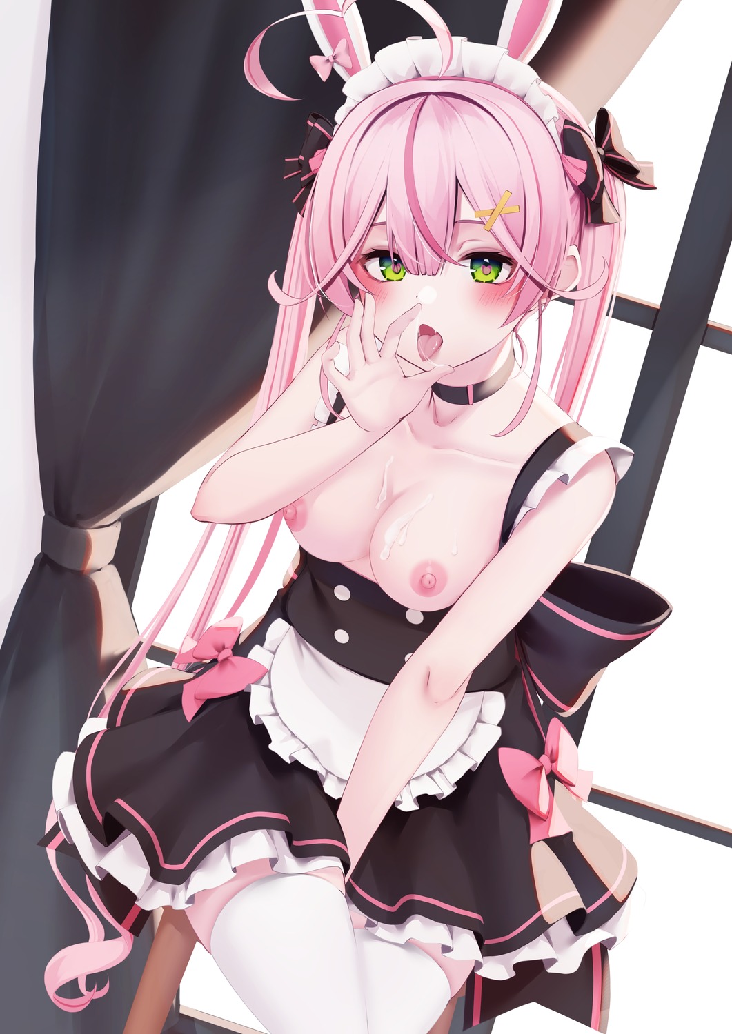 animal_ears breasts bunny_ears cum maid nipples no_bra nyan_(reinyan_007) open_shirt thighhighs