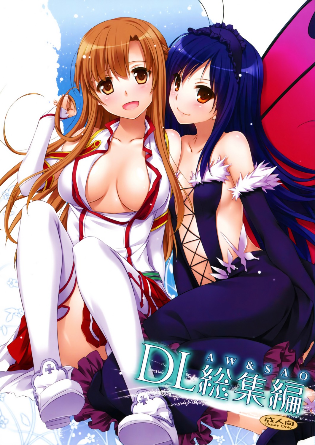 accel_world asuna_(sword_art_online) cleavage crossover jpeg_artifacts kuroyukihime nakajima_yuka no_bra open_shirt pantsu sword_art_online thighhighs wings