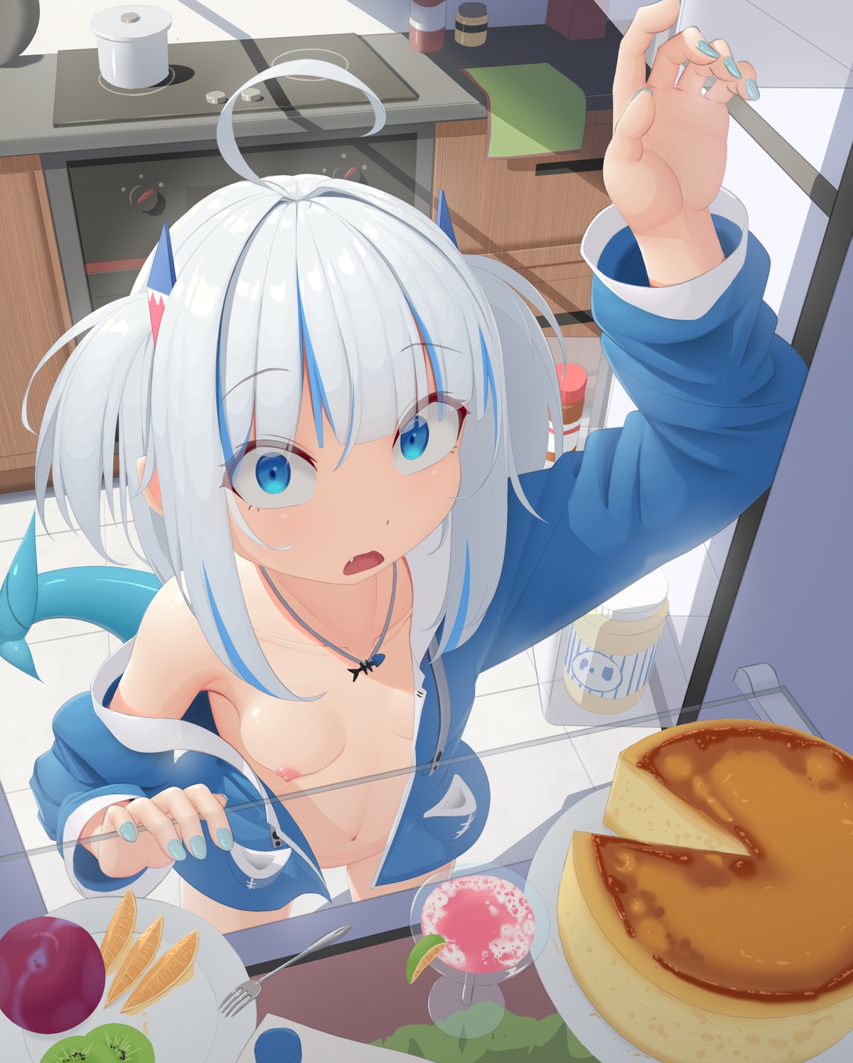 bottomless breasts gawr_gura hololive hololive_english loli nipples no_bra open_shirt tail tenroy