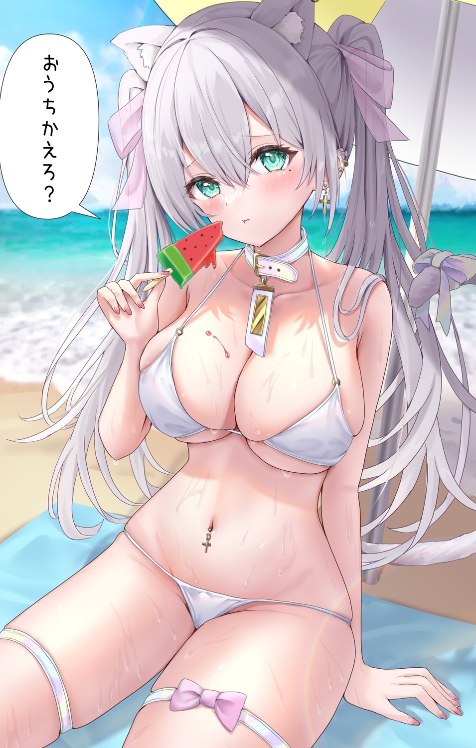 animal_ears bikini cameltoe cream garter nekomimi swimsuits tail thong uni_ikura_(un1kura) wet