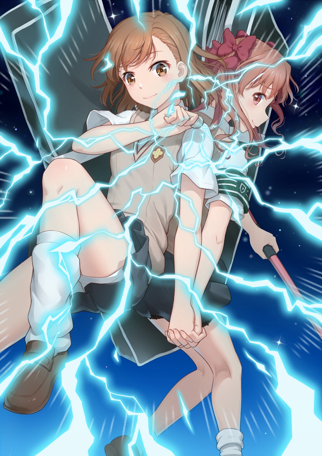 anarchojs misaka_mikoto seifuku shirai_kuroko skirt_lift sweater to_aru_kagaku_no_railgun to_aru_majutsu_no_index weapon