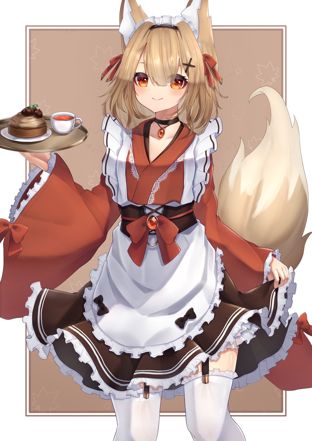 animal_ears hinata_(pixiv53862745) kitsune maid skirt_lift stockings tail thighhighs wa_maid