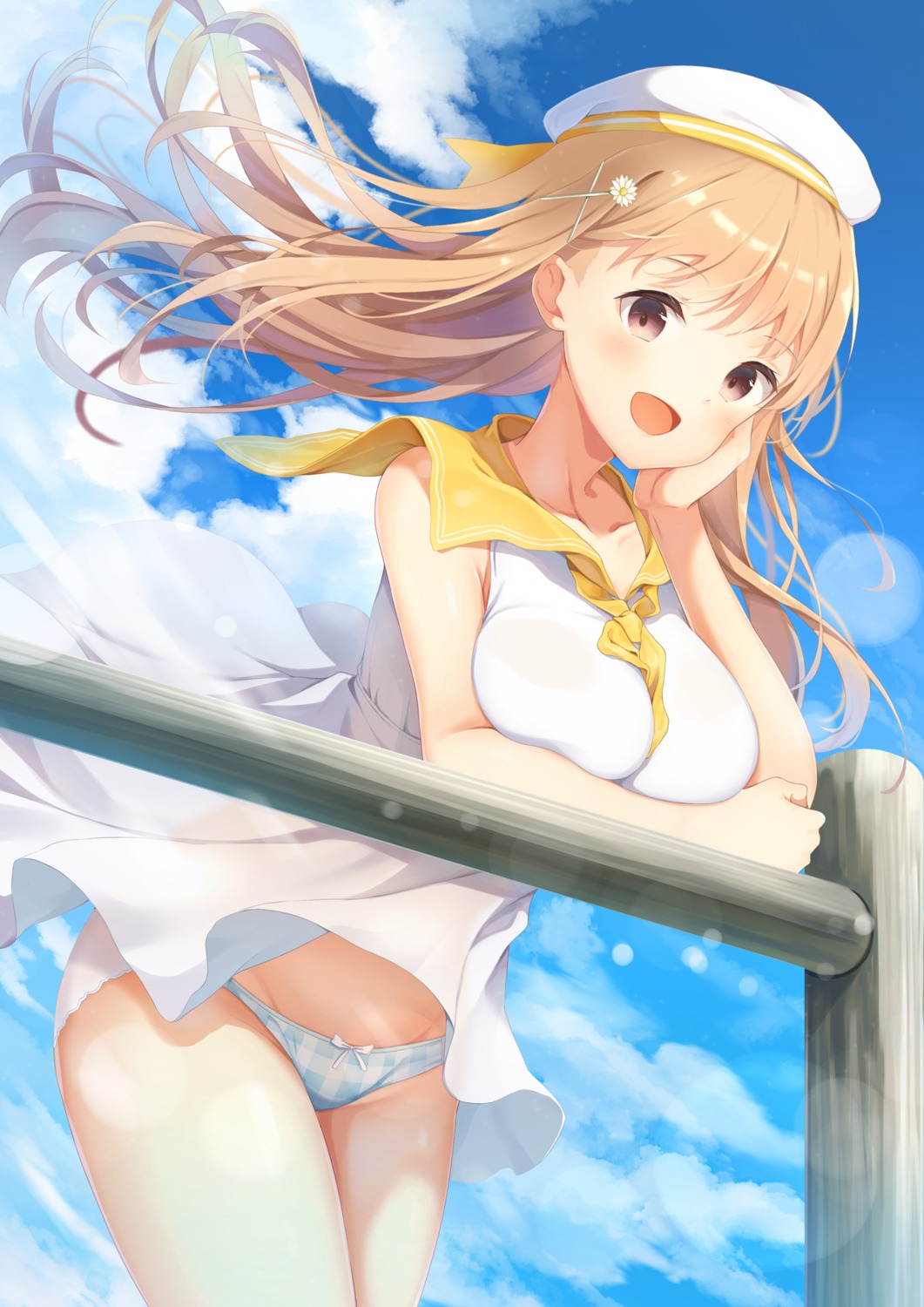 breast_hold dress koki_(latte1023) pantsu see_through skirt_lift summer_dress