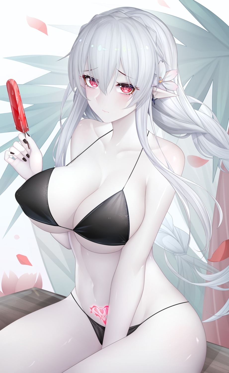 arknights bikini erect_nipples pointy_ears swimsuits tattoo warfarin_(arknights) zhixue