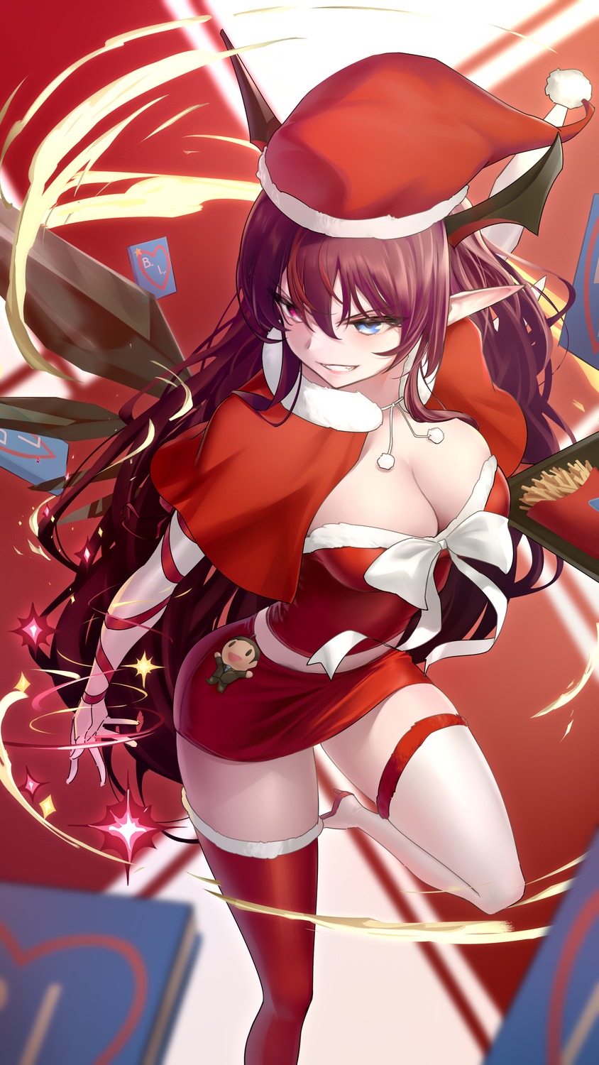 christmas dress garter heels heterochromia hololive hololive_english horns irys_(hololive) no_bra pointy_ears somebody_(leiking00) thighhighs wings