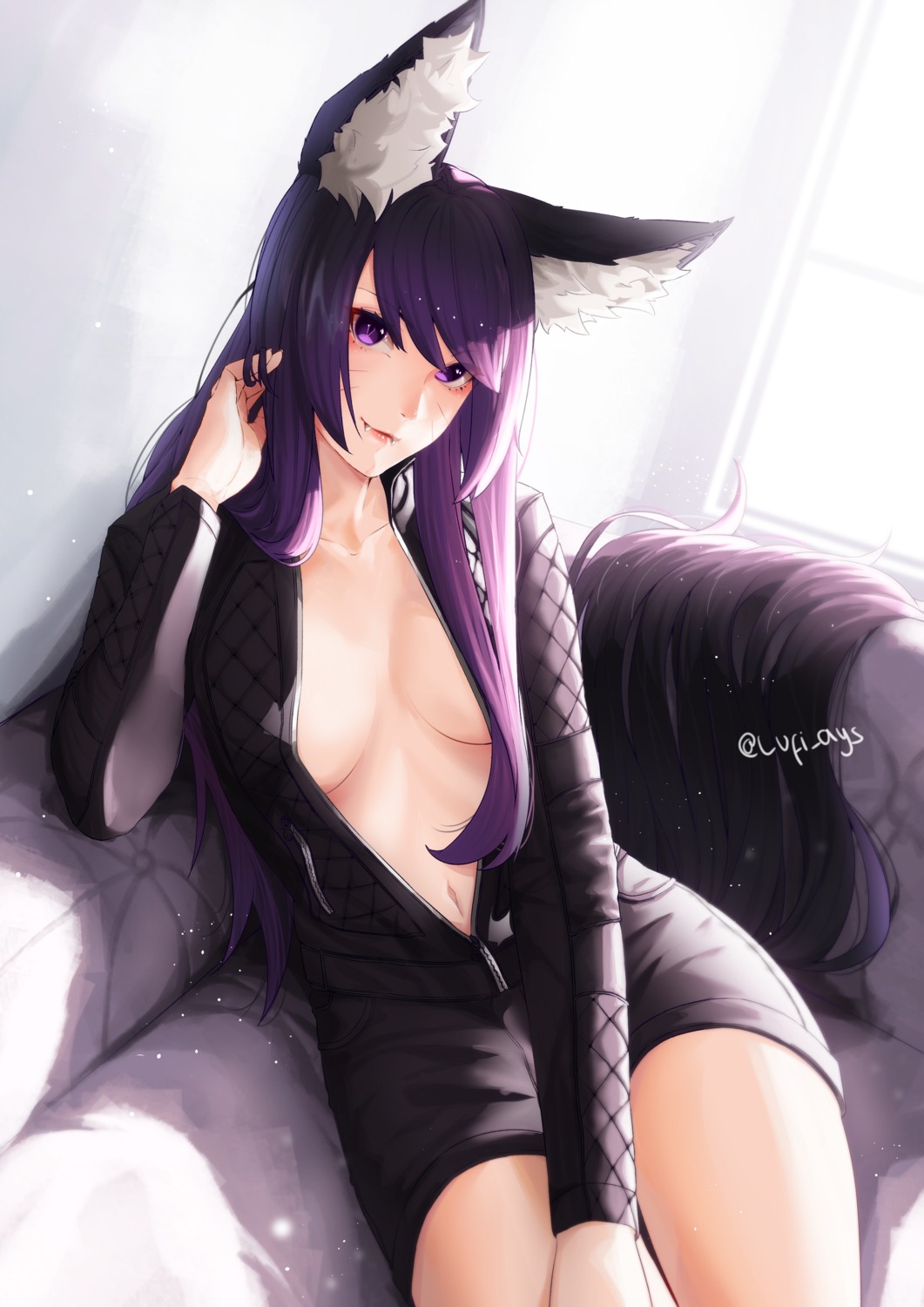 animal_ears lufi_ays no_bra open_shirt