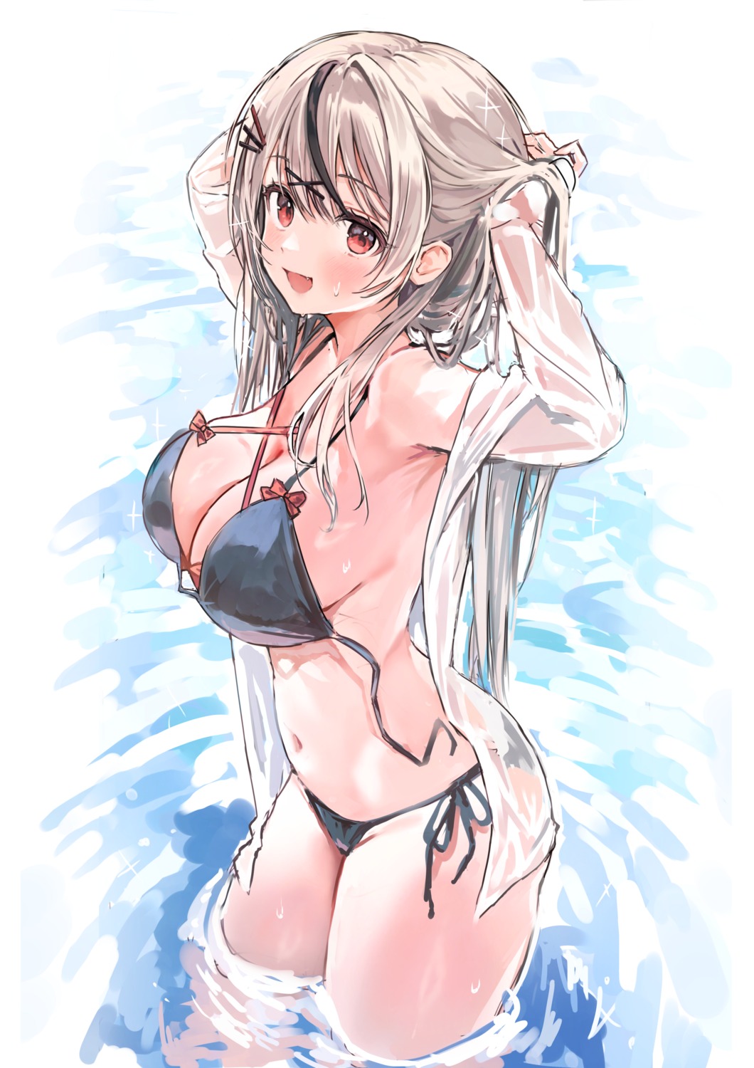 bikini hololive nikuya_(nikuniku_nikuya) open_shirt sakamata_chloe see_through sketch swimsuits wardrobe_malfunction wet wet_clothes