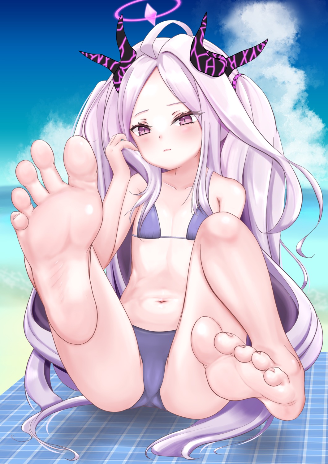 bikini blue_archive cameltoe feet halo horns kagura0 loli sorasaki_hina swimsuits