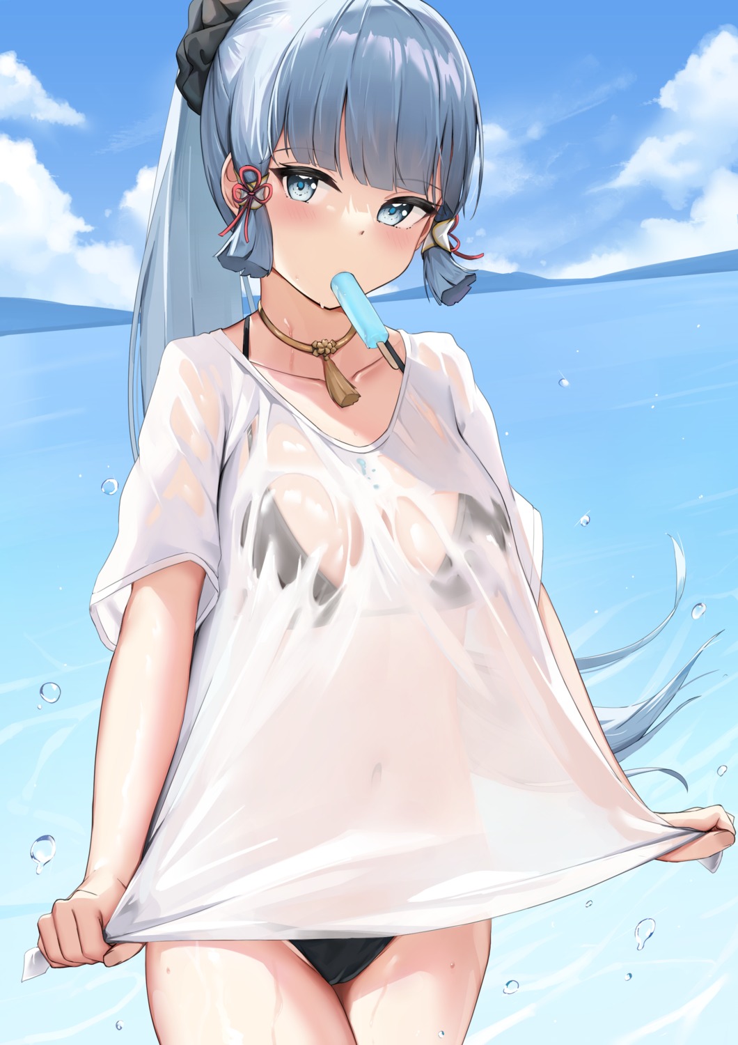 bikini cameltoe cream genshin_impact kamisato_ayaka see_through skai_kun swimsuits wet wet_clothes